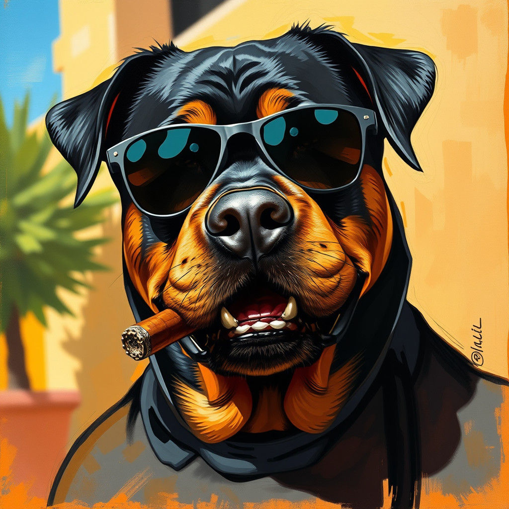 Macho Rottweiler Dog with Cigar in Abstract Portrait Style