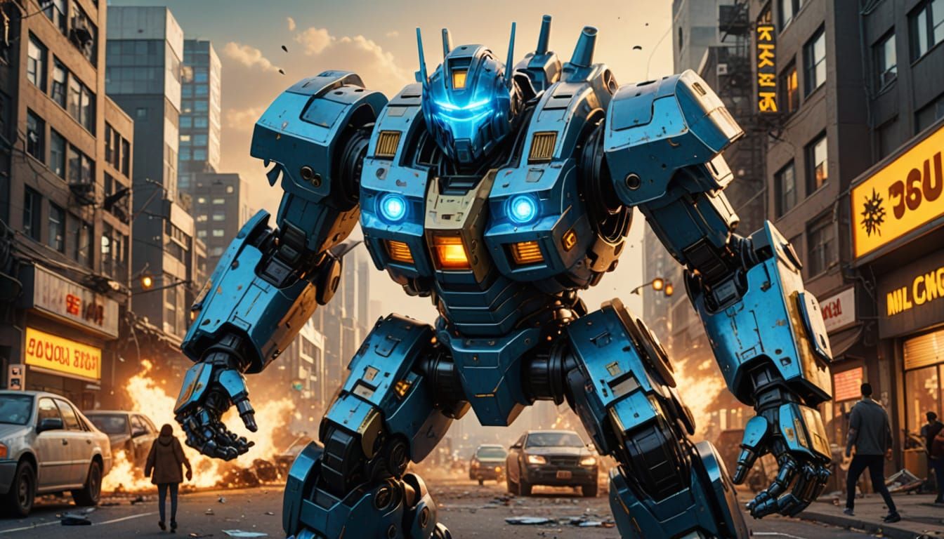 Mecha Robot Fights Pacman Ghosts in Sci-Fi City