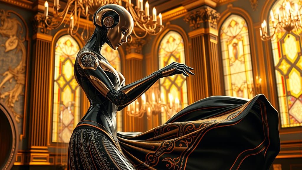 Elegant Female Robot in Art Deco Ballroom