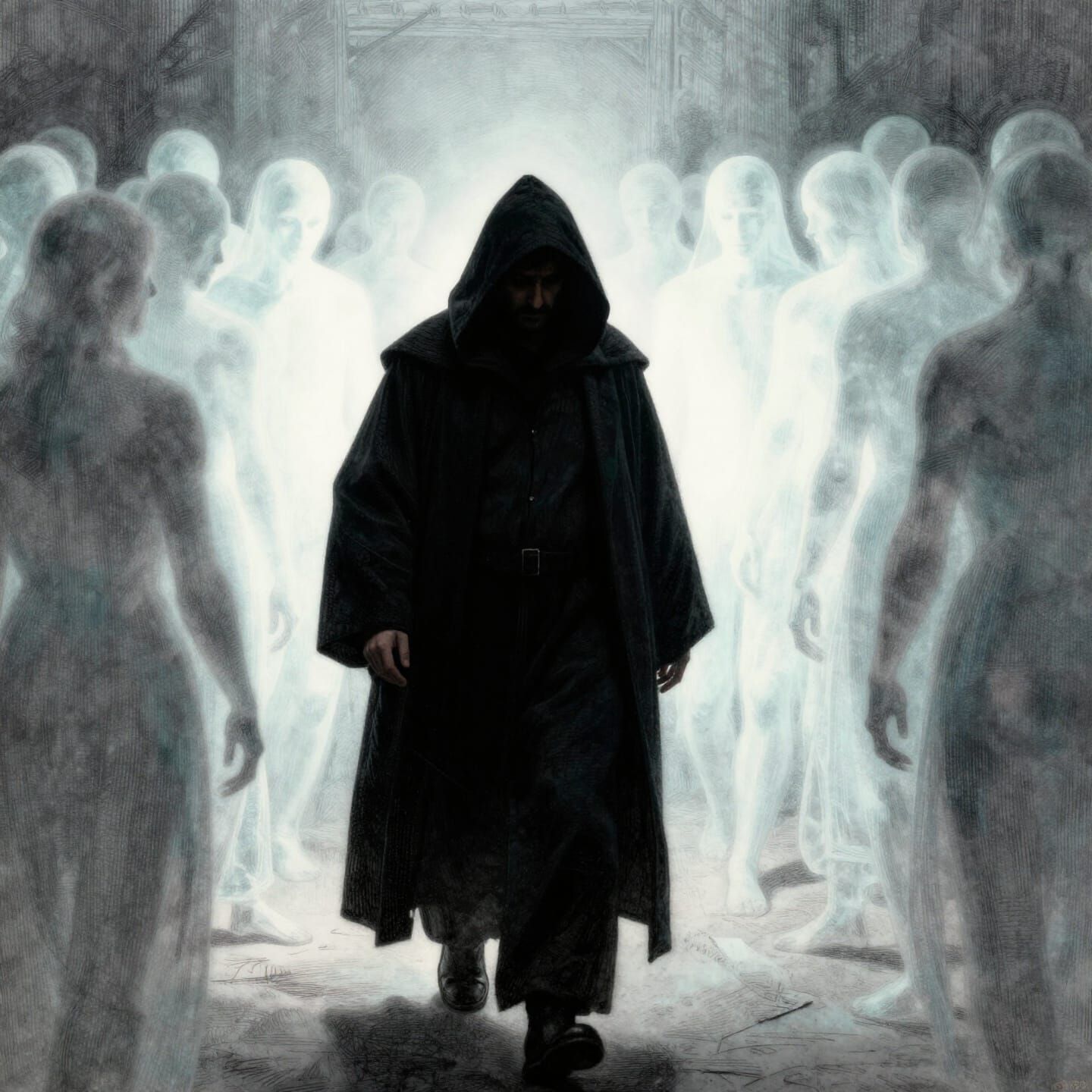 Isolated Figure in Luminous Crowd, Chiaroscuro Style