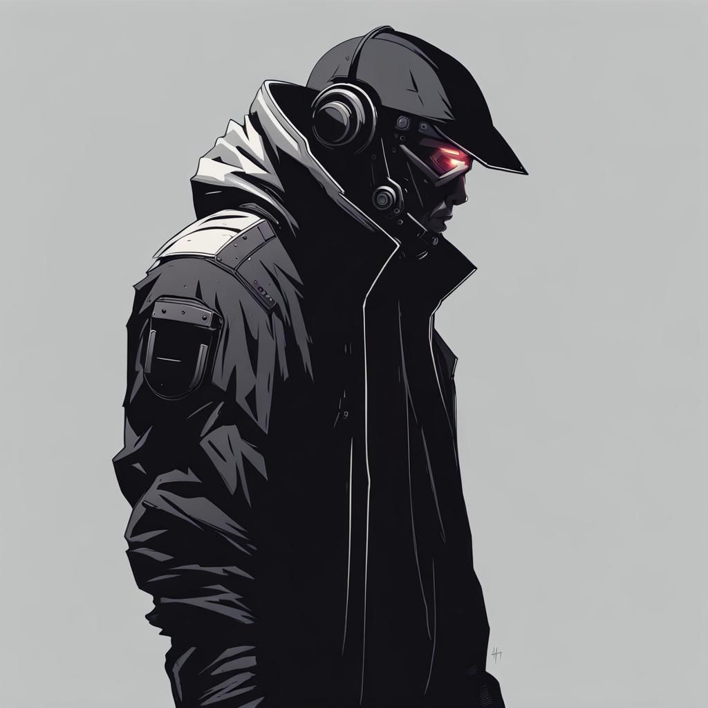 A serious and intense sci-fi character, resembling a cyberpunk hero, illustrated in a minimalist fashion. The character ...