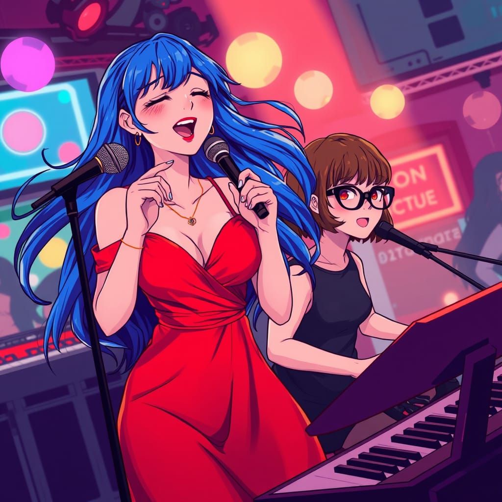Vibrant Singer in Lively Club: Studio Trigger Anime Style