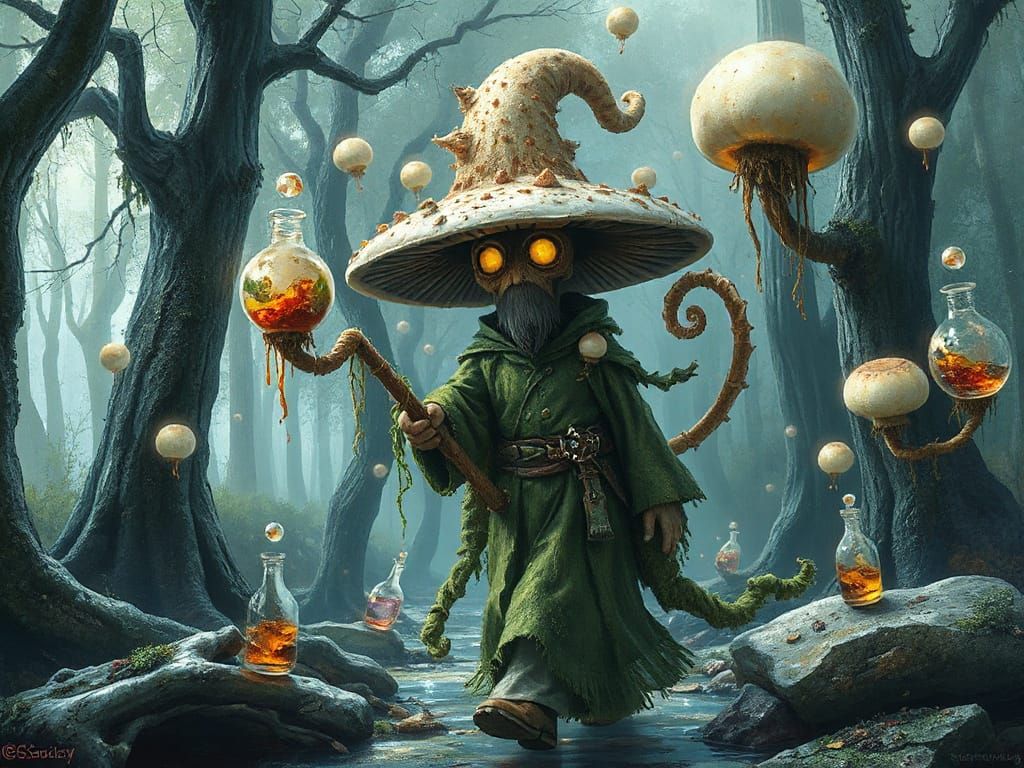 Mushroom Alchemist in Vibrant Glass Forest