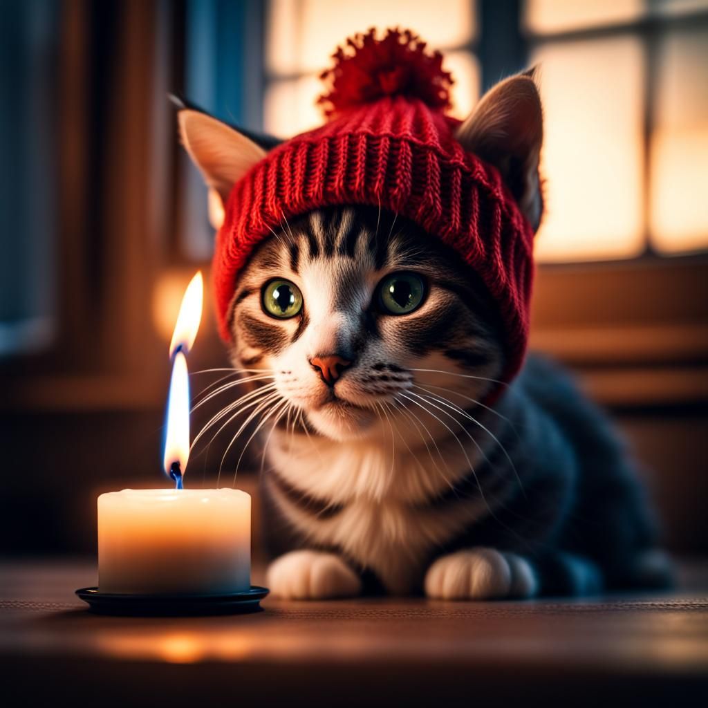 Kitty in Beanie Observes Burning Candle