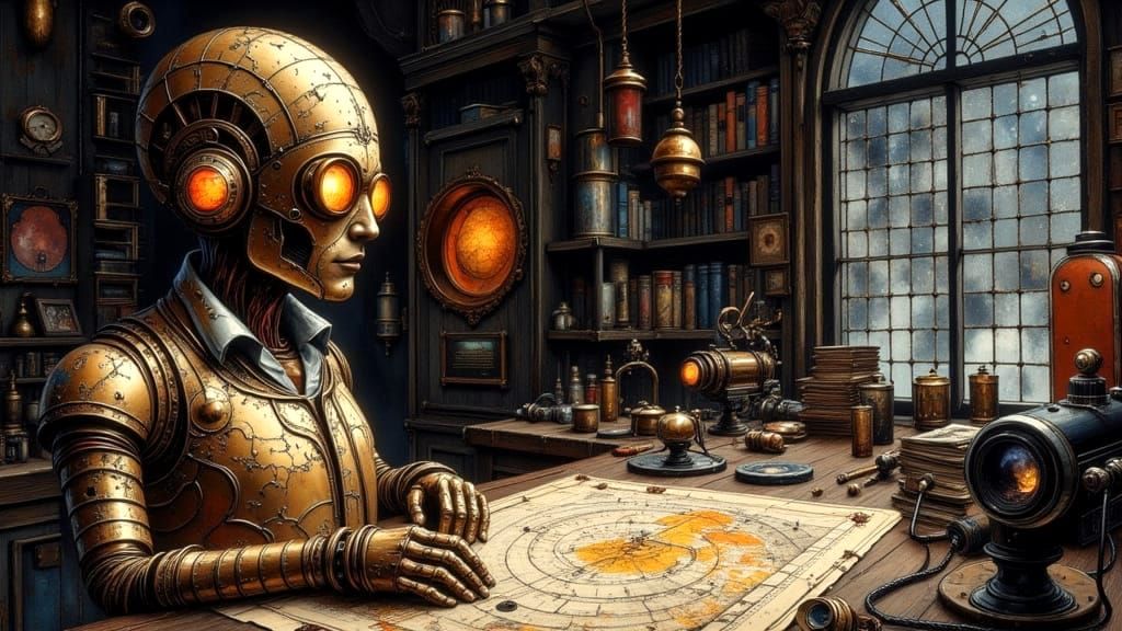 Steampunk Automaton Cartographer in Observatory