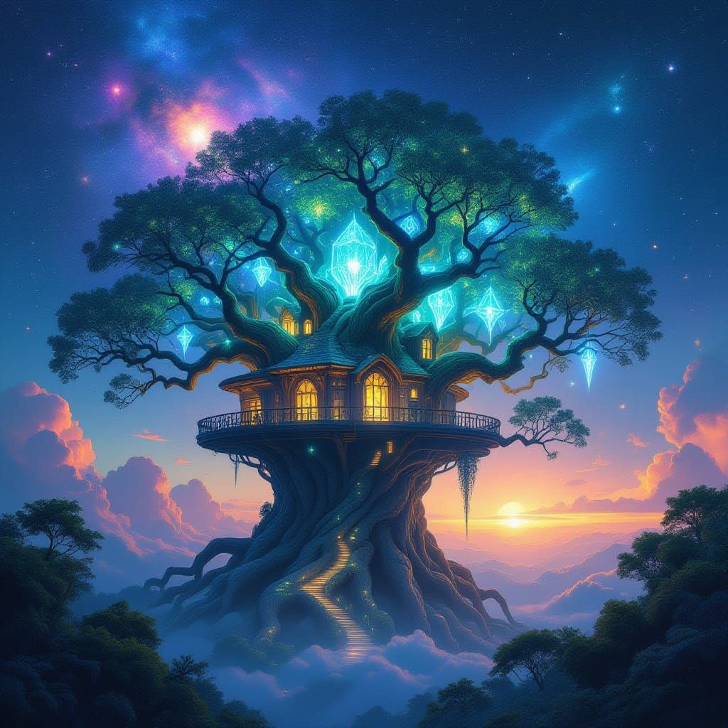 Ancient Bioluminescent Treehouse in Cosmic Nebula