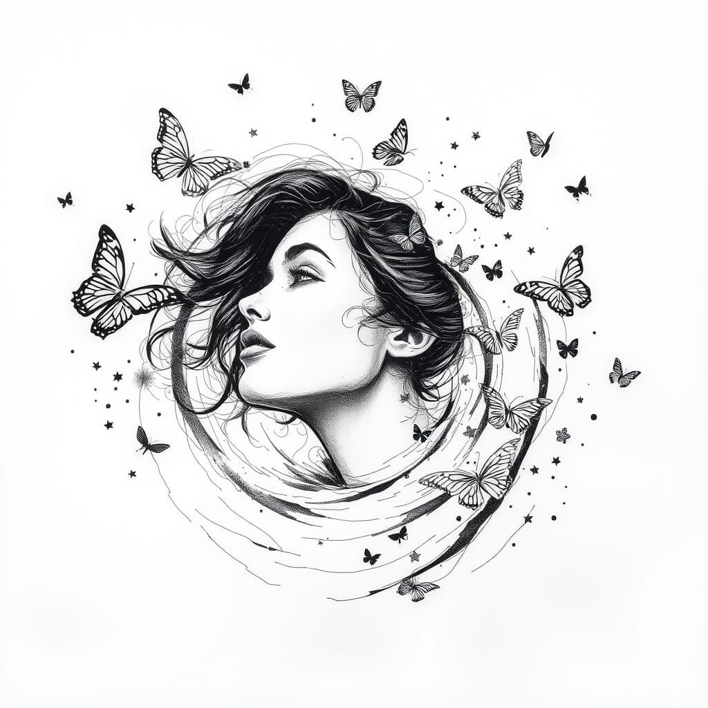 Ethereal Woman's Face in Whirlpool, Abstract Sketch