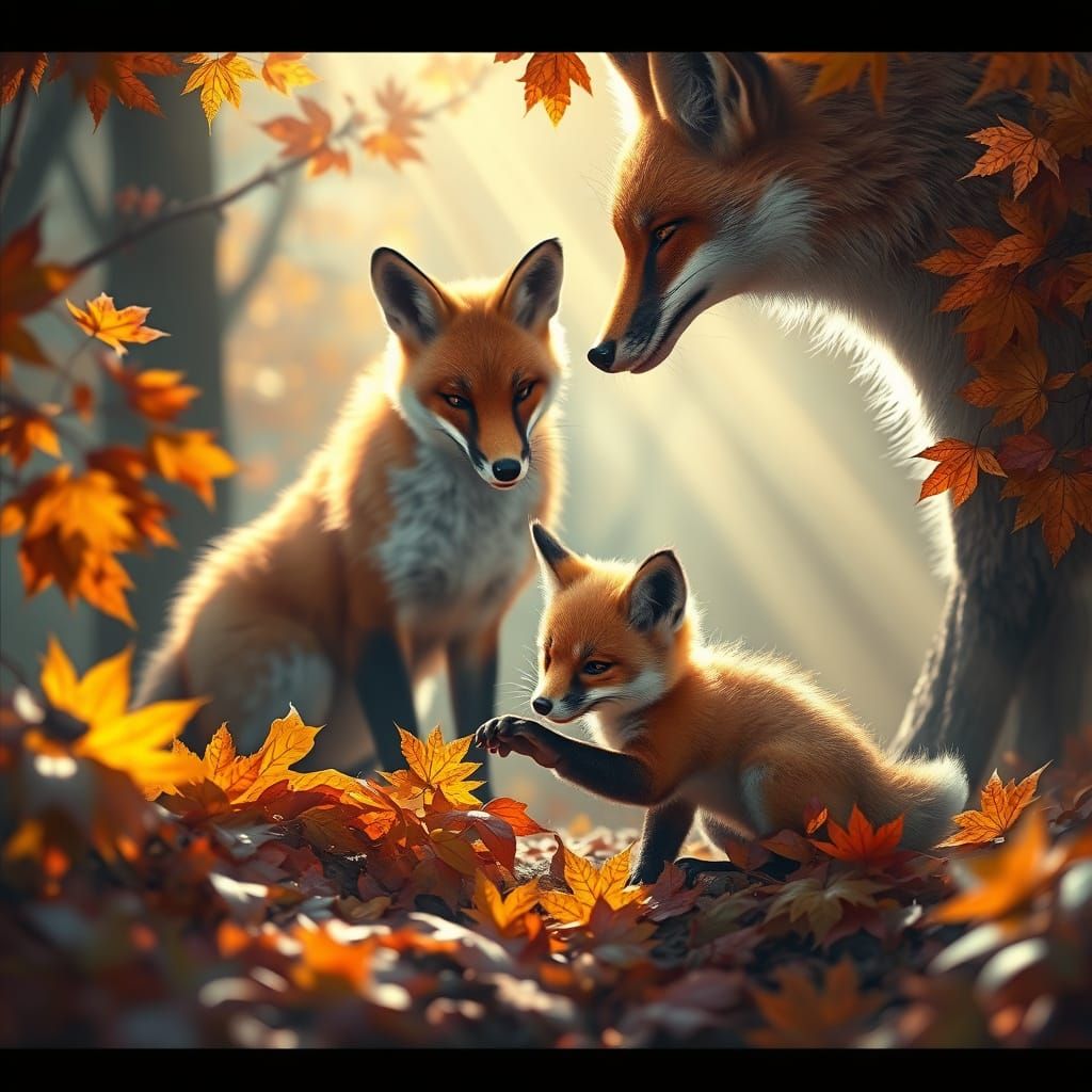 Whimsical Baby Fox Plays in Autumn Forest