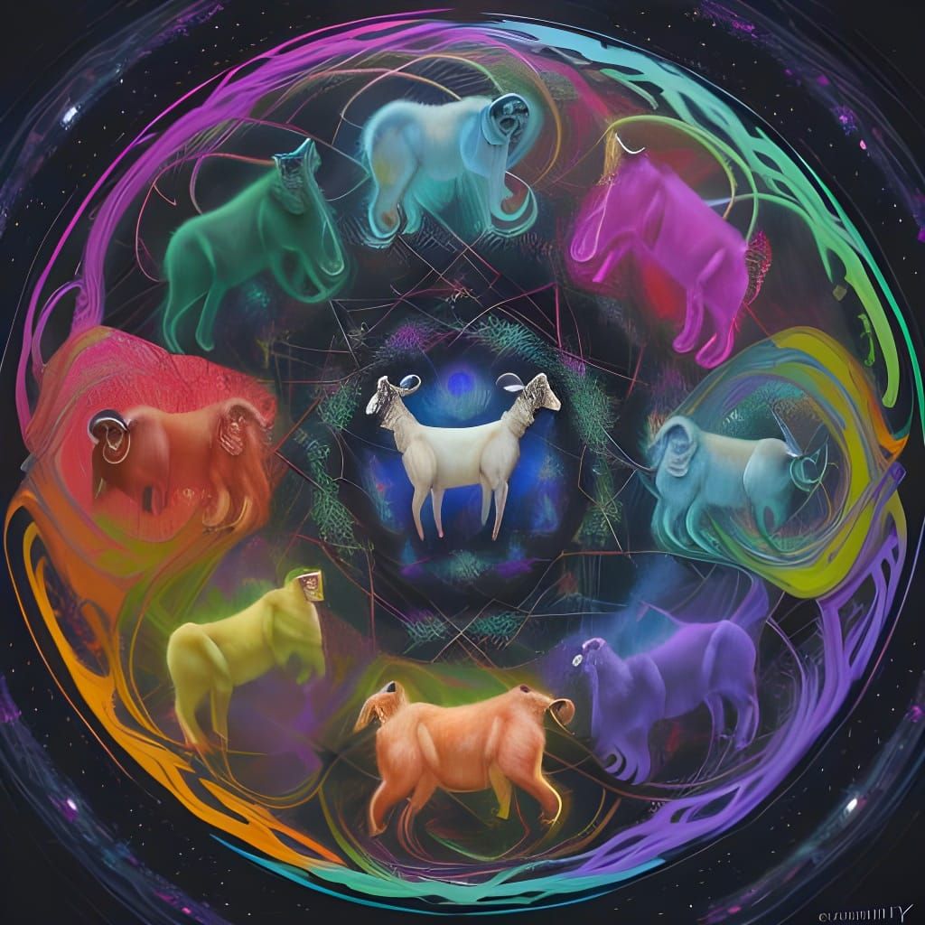 Fractal Herd of Goats in Neon Oil Painting