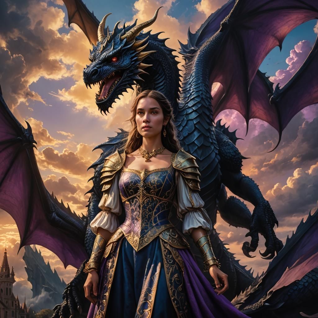 Renaissance Girl Confronts Dragon: Fantasy Concept Art