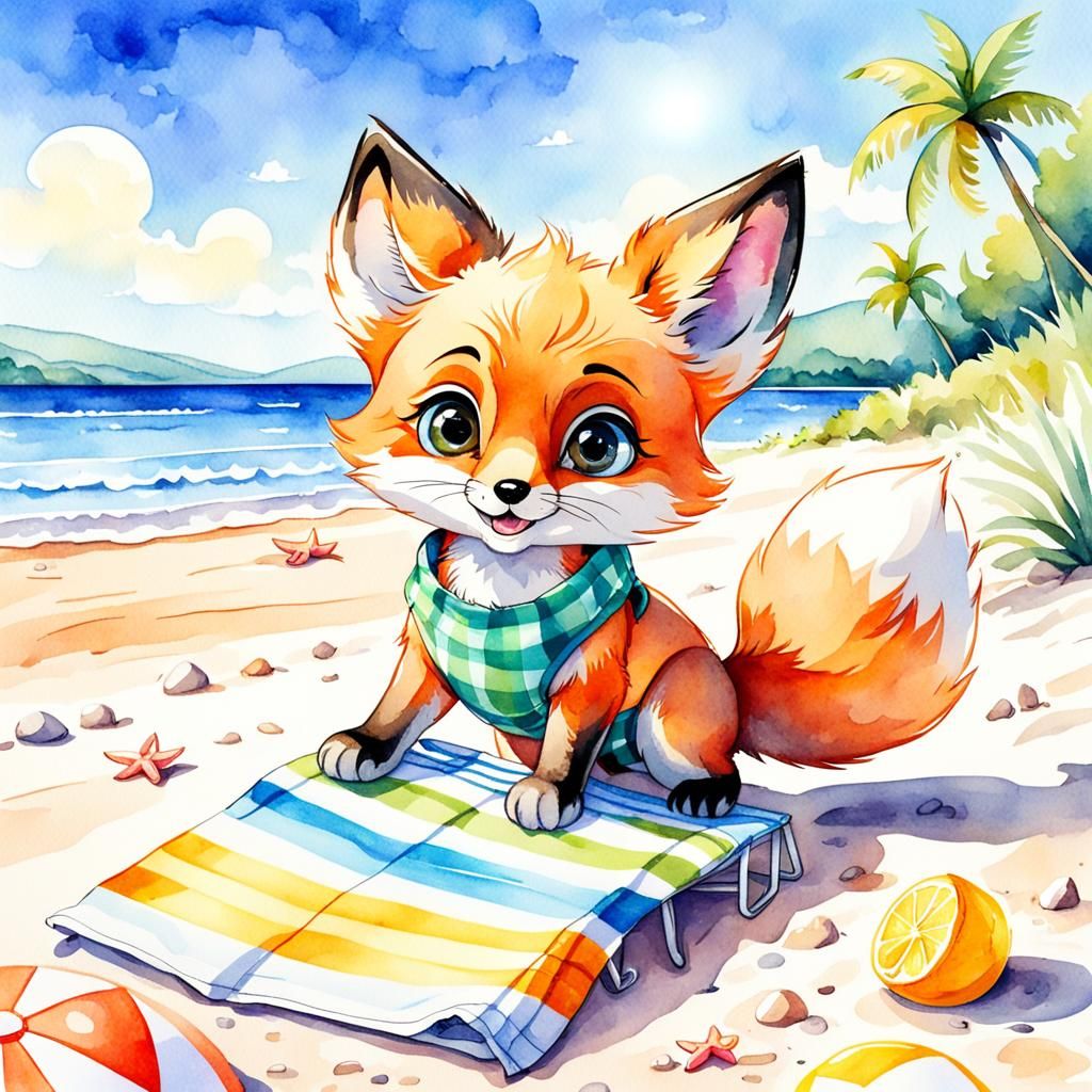 Fox Cub Sunbathing: Watercolor Cartoon Illustration
