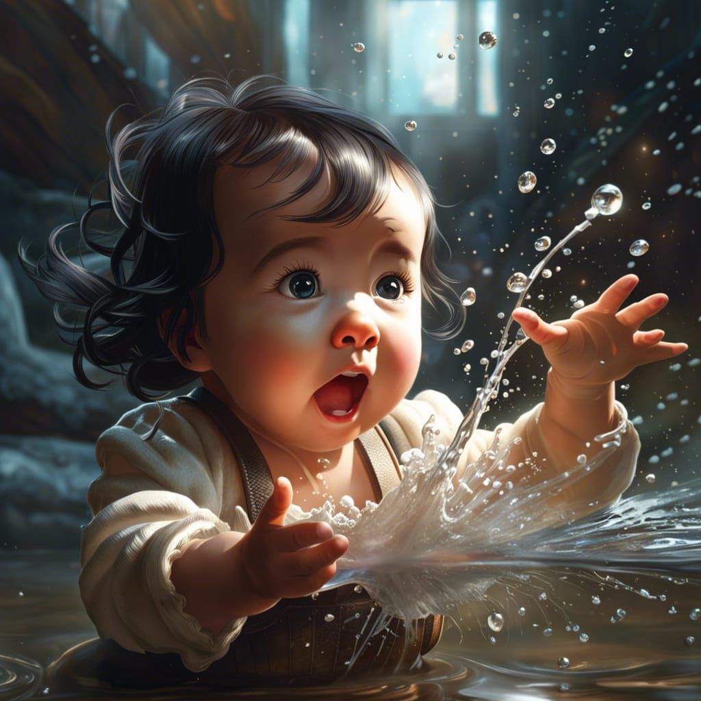 Surprised Baby Generates Water: Detailed Digital Art