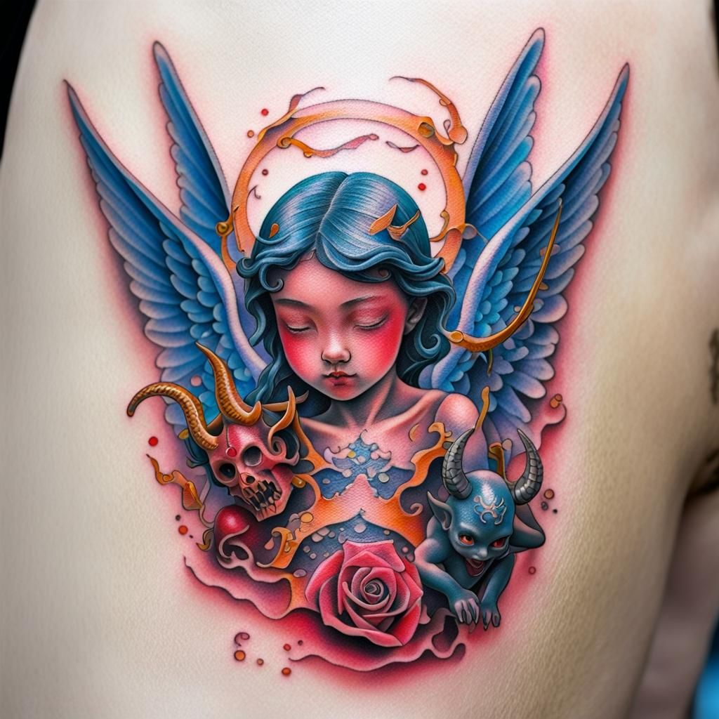 French Angel and Demon Tattoo Design