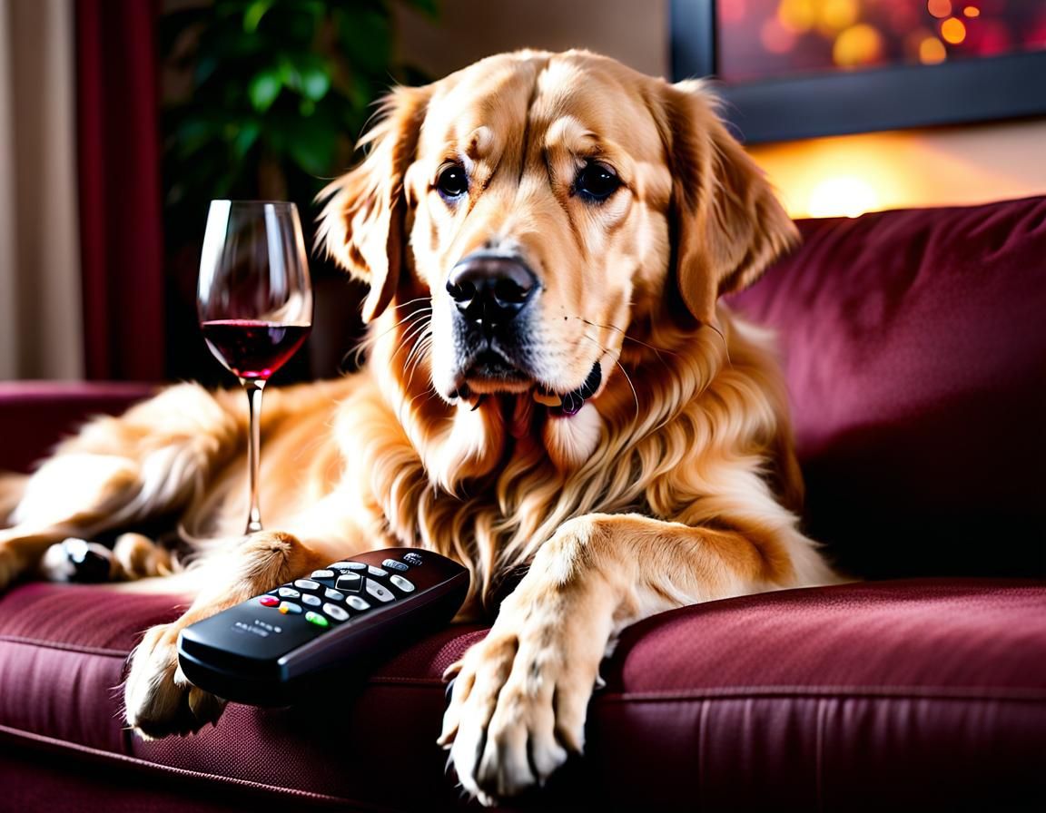 Relaxing Golden Retriever with Wine: Professional Photograph...
