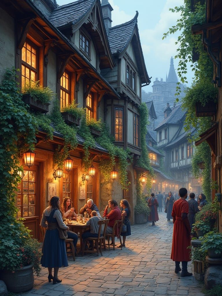 Medieval Tavern Patio at Dusk