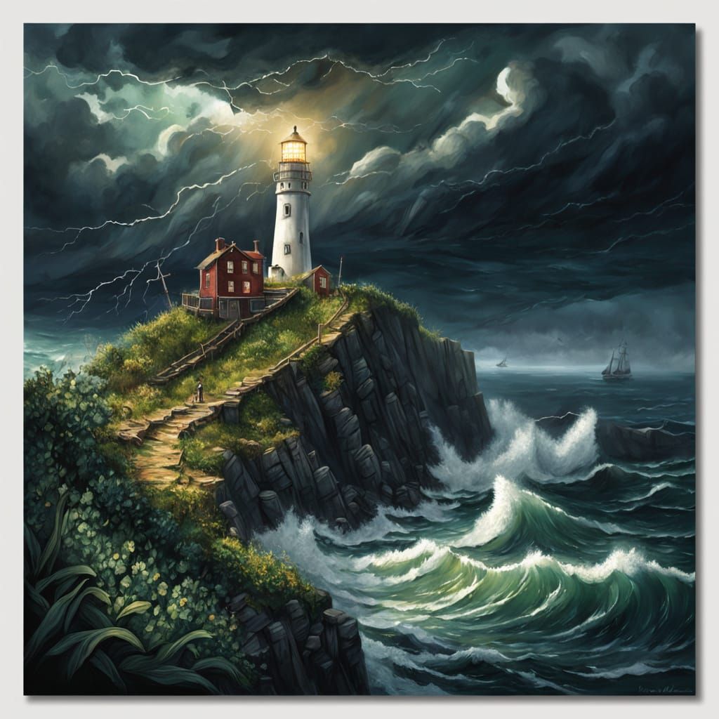 Stormy Night Lighthouse Rescue in Oil Painting Style
