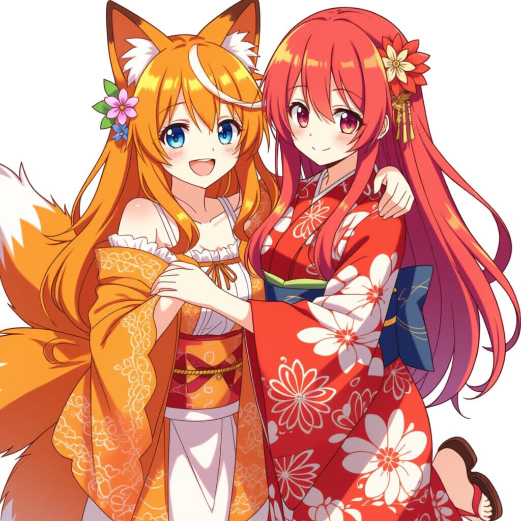Anime Fox Girl with Red-Haired Friend