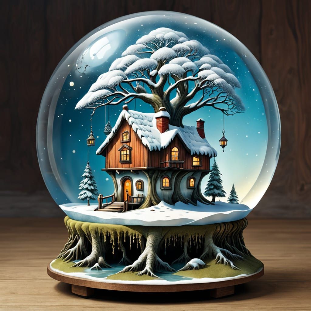 Floating Winter Cottage Surrealism Art in Whimsical Snowglob...