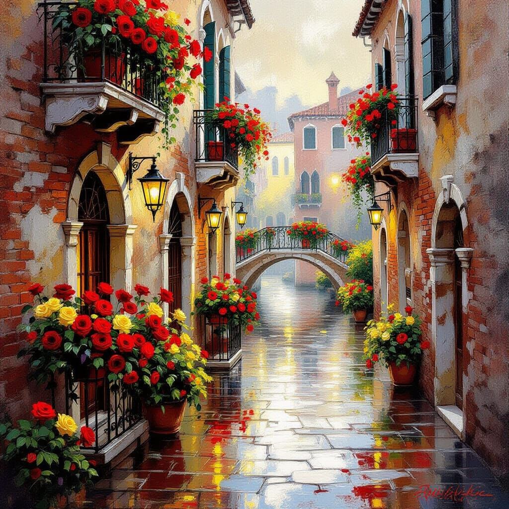 Romantic Venetian Courtyard in Oil Painting Style