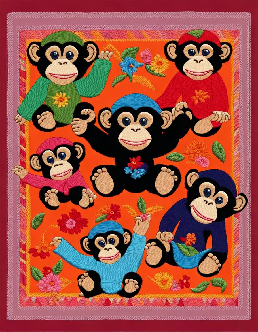 Cute Chimpanzees Embroidered in Imperial Colors