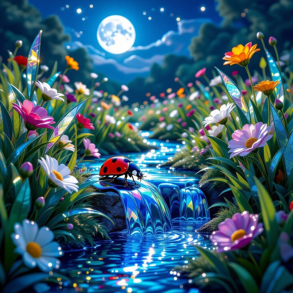 Ladybug on Iridescent Stained Glass Grass Under Moonlight