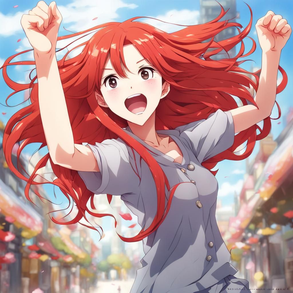 Excited Redhead Celebration in Anime Style