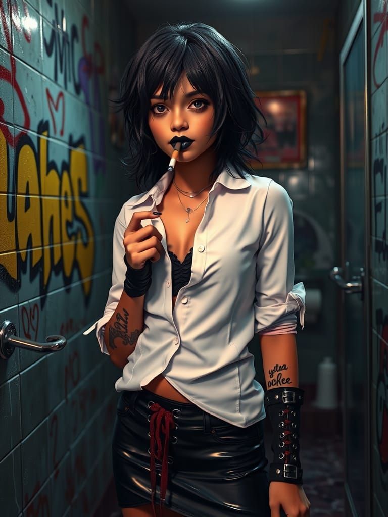 Arab Woman Smoking in Graffiti Bathroom, Concept Art