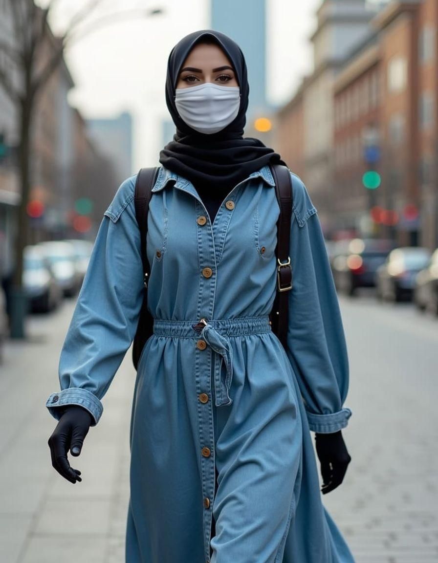 Hijabi Woman in Denim Gown Walking in City