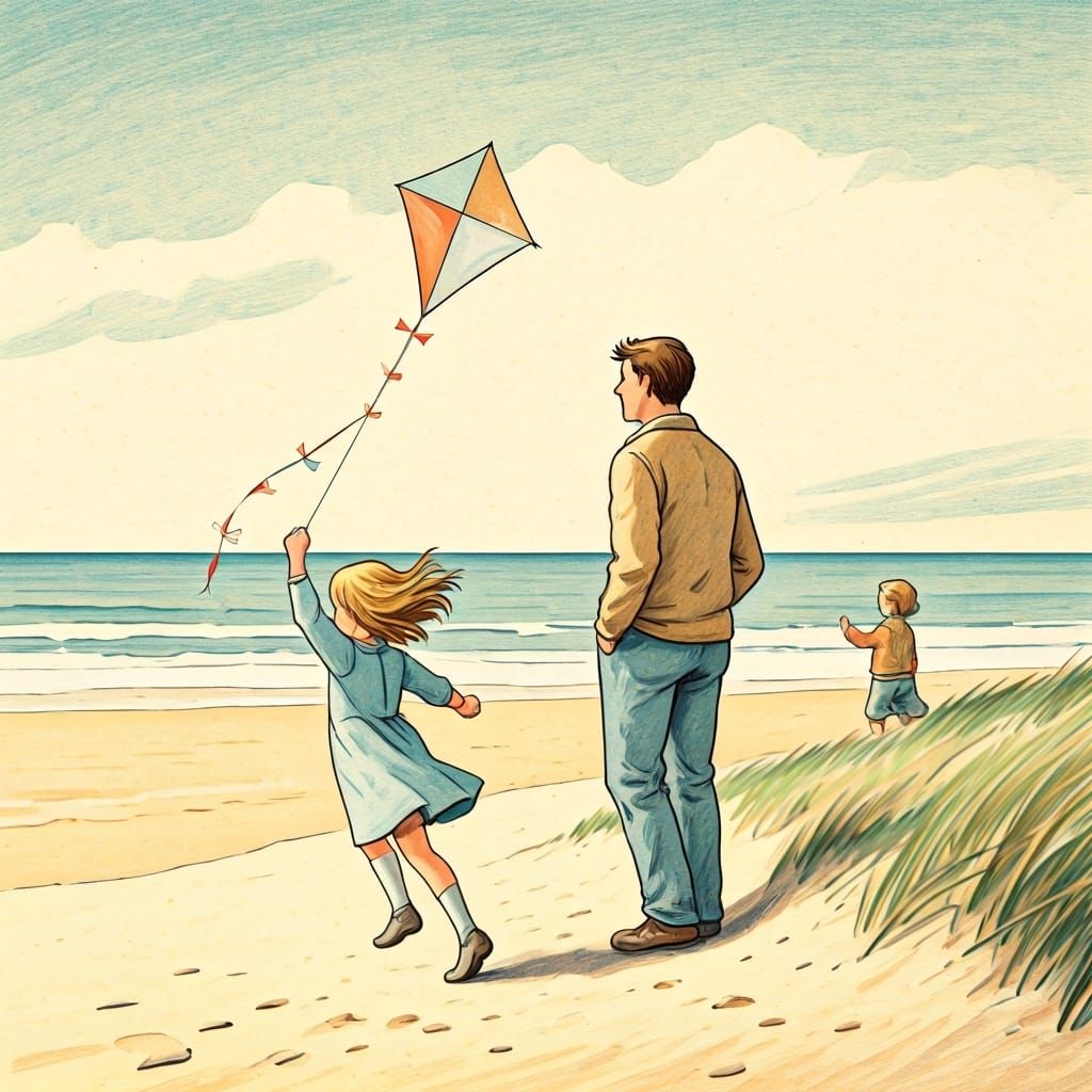 Beachside Kite Flying: A Vintage-Style Illustration