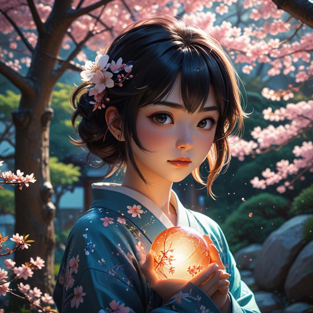 Delicate Anime Girl in Japanese Garden