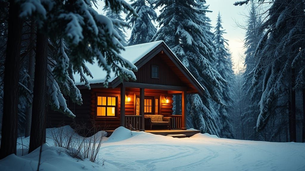Rustic Cabin in Snowy Forest, Warm Golden Light