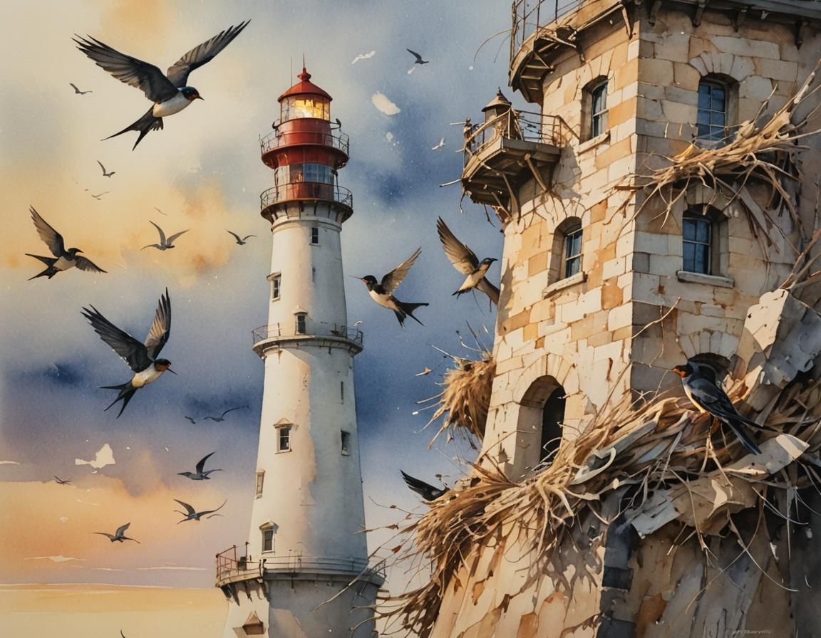 Whimsical Watercolor Swallows at a Lighthouse