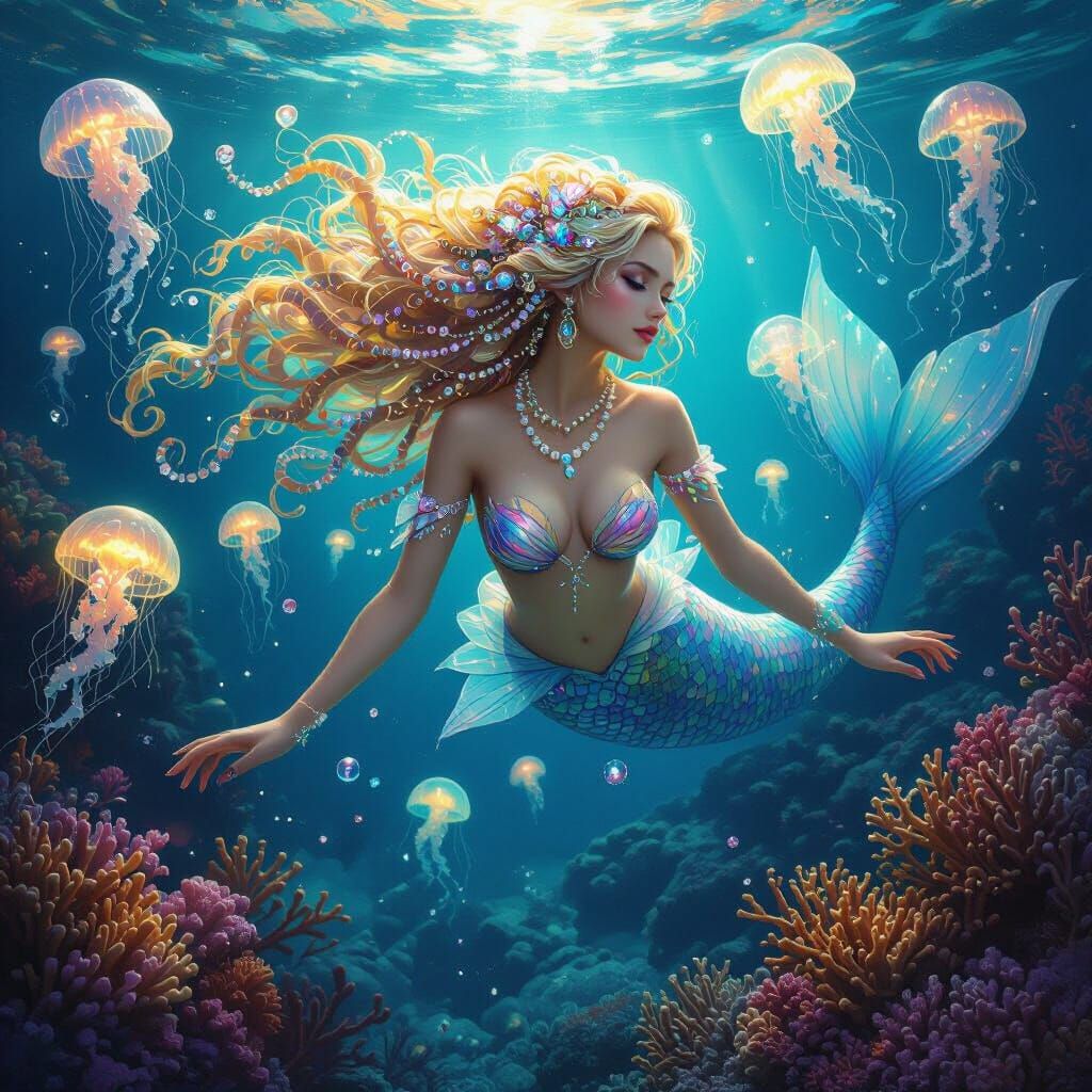 Gemstone Mermaid in Bioluminescent Coral Reef: Digital Art
