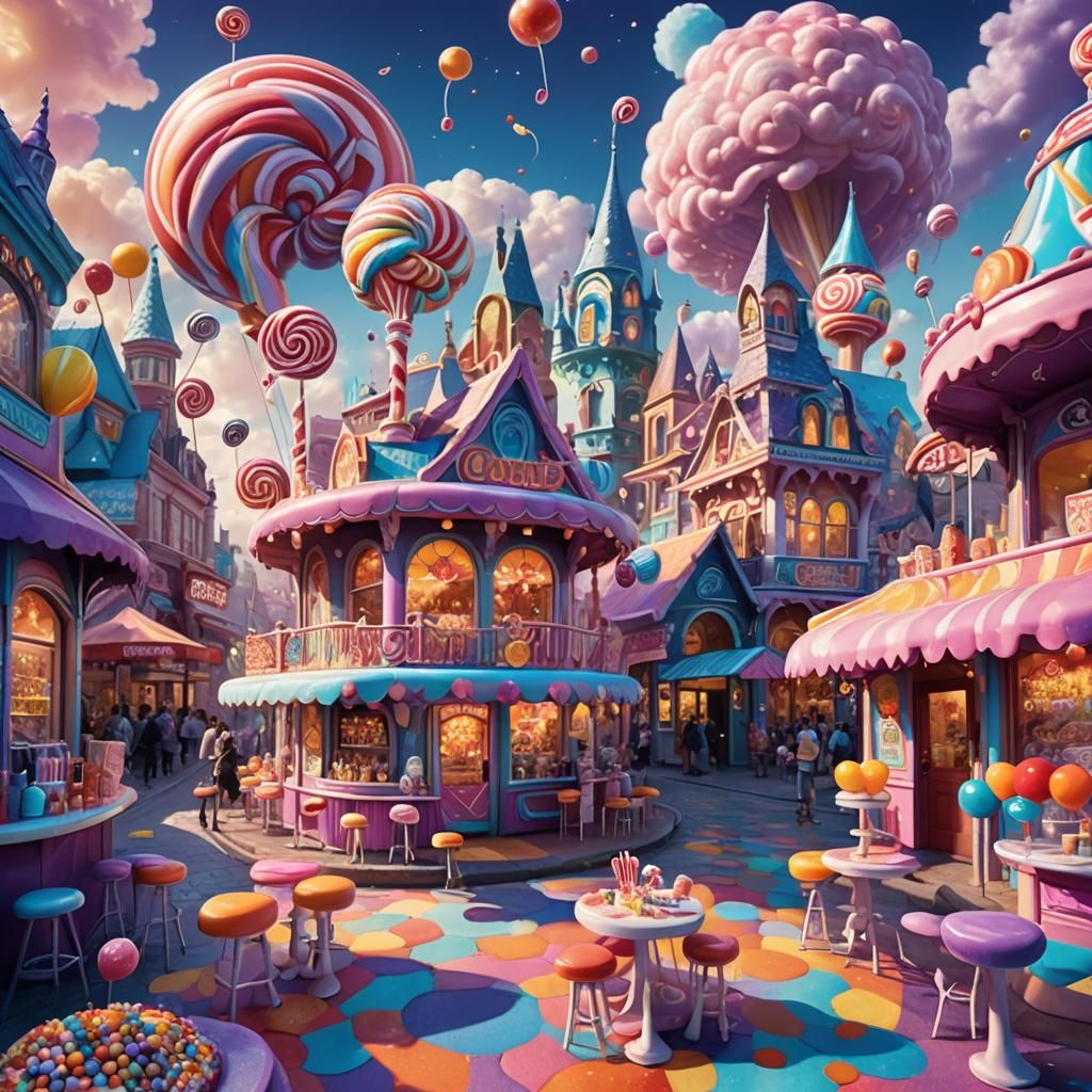 Colorful Candyland Soda Shop in a Fantasy Cityscape