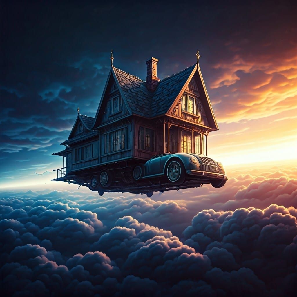 Flying House Car in a Surreal Cloudscape
