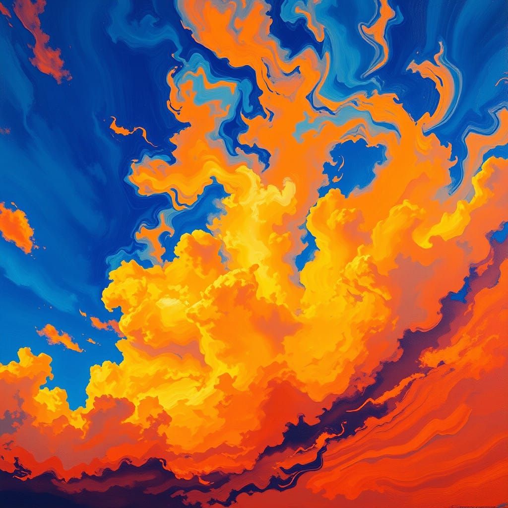 Dynamic Orange and Blue Stormy Skies in Expressive Brushstro...