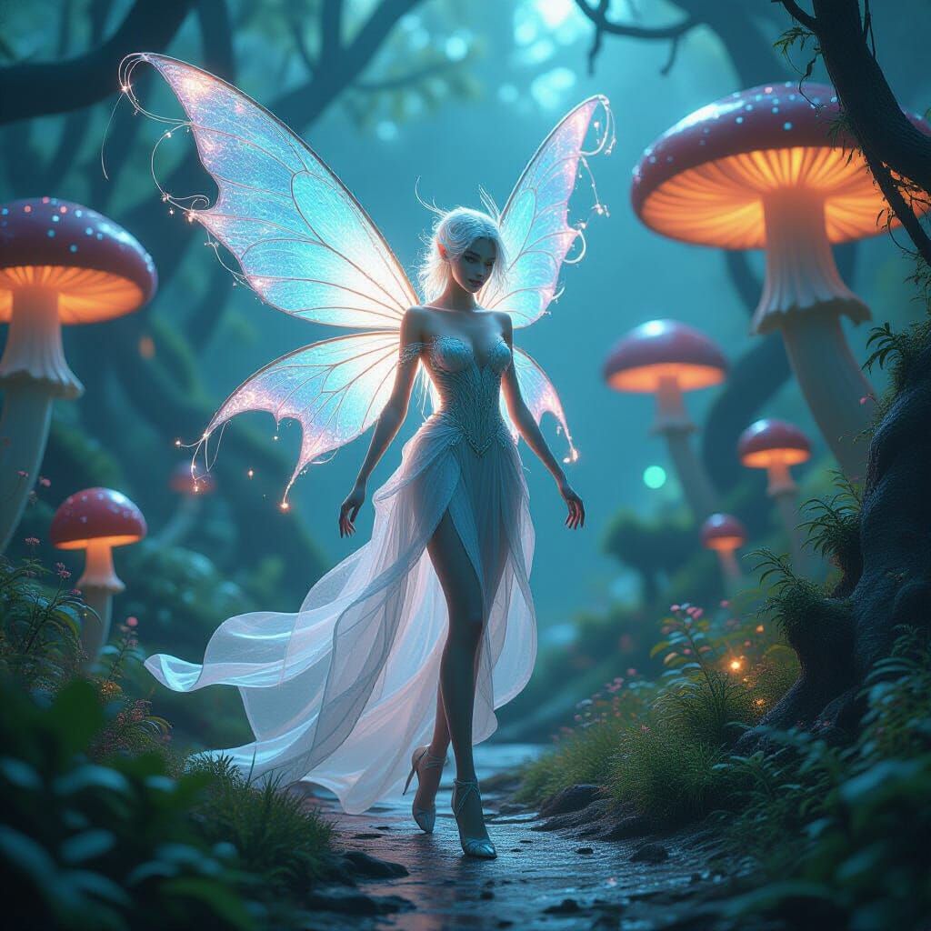 Ethereal Wire-Winged Fairy in Luminous Garden