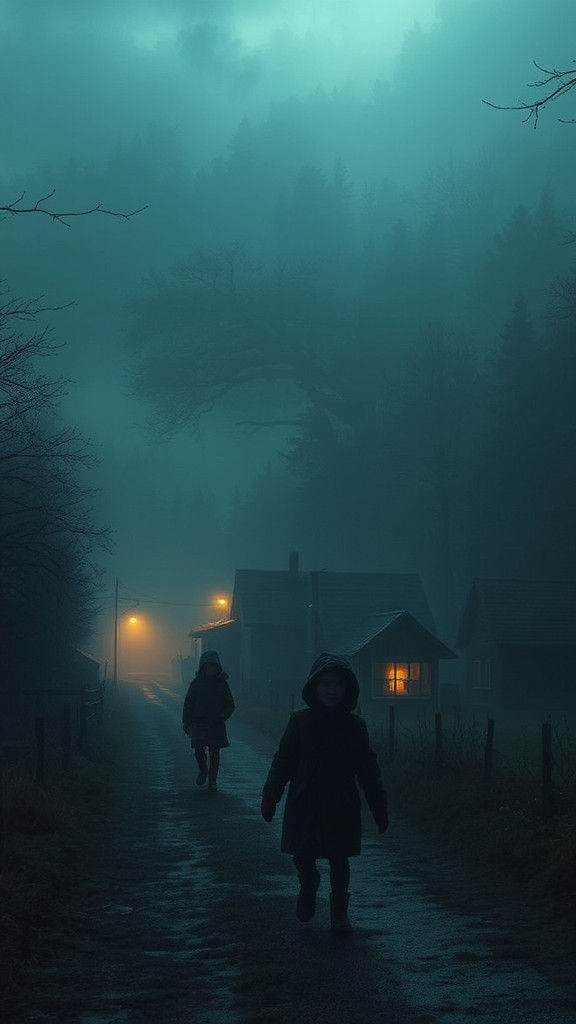 Eerie Village Twilight: Children at Play in the Mist