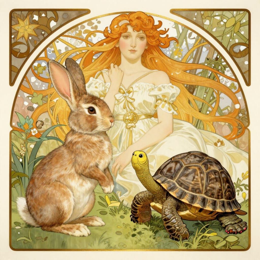 Rabbit and Turtle Embrace New Beginnings in Art Nouveau Styl...