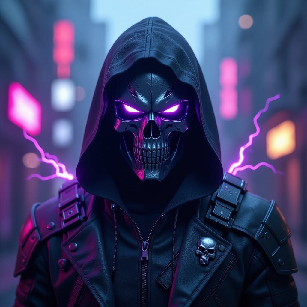Menacing Hooded Figure with Skull Mask in Cyberpunk City