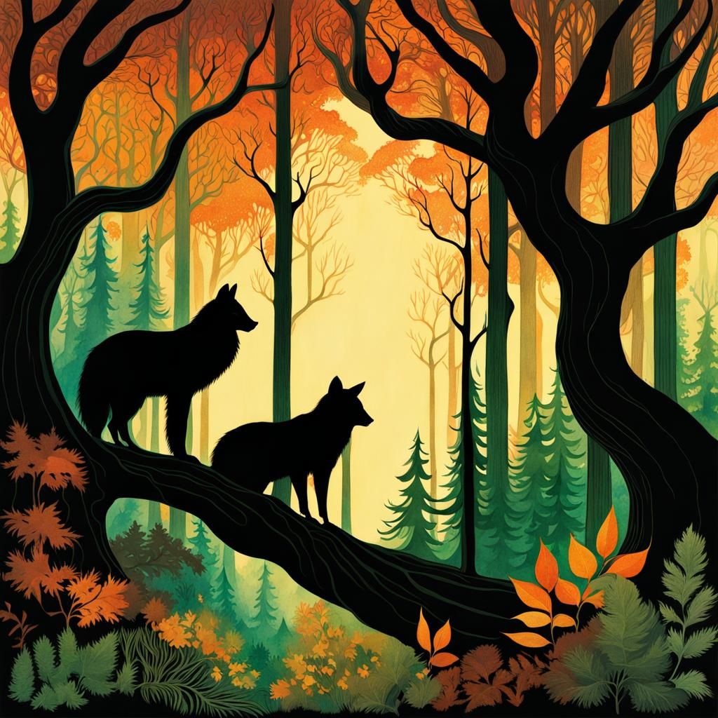 Enchanted Forest with Silhouettes, Fantasy Illustration