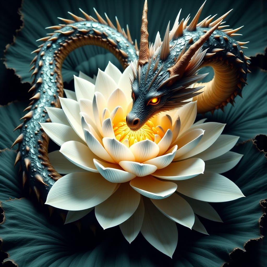 Mythical Dragon Guards Lotus in Dramatic Fantasy Art