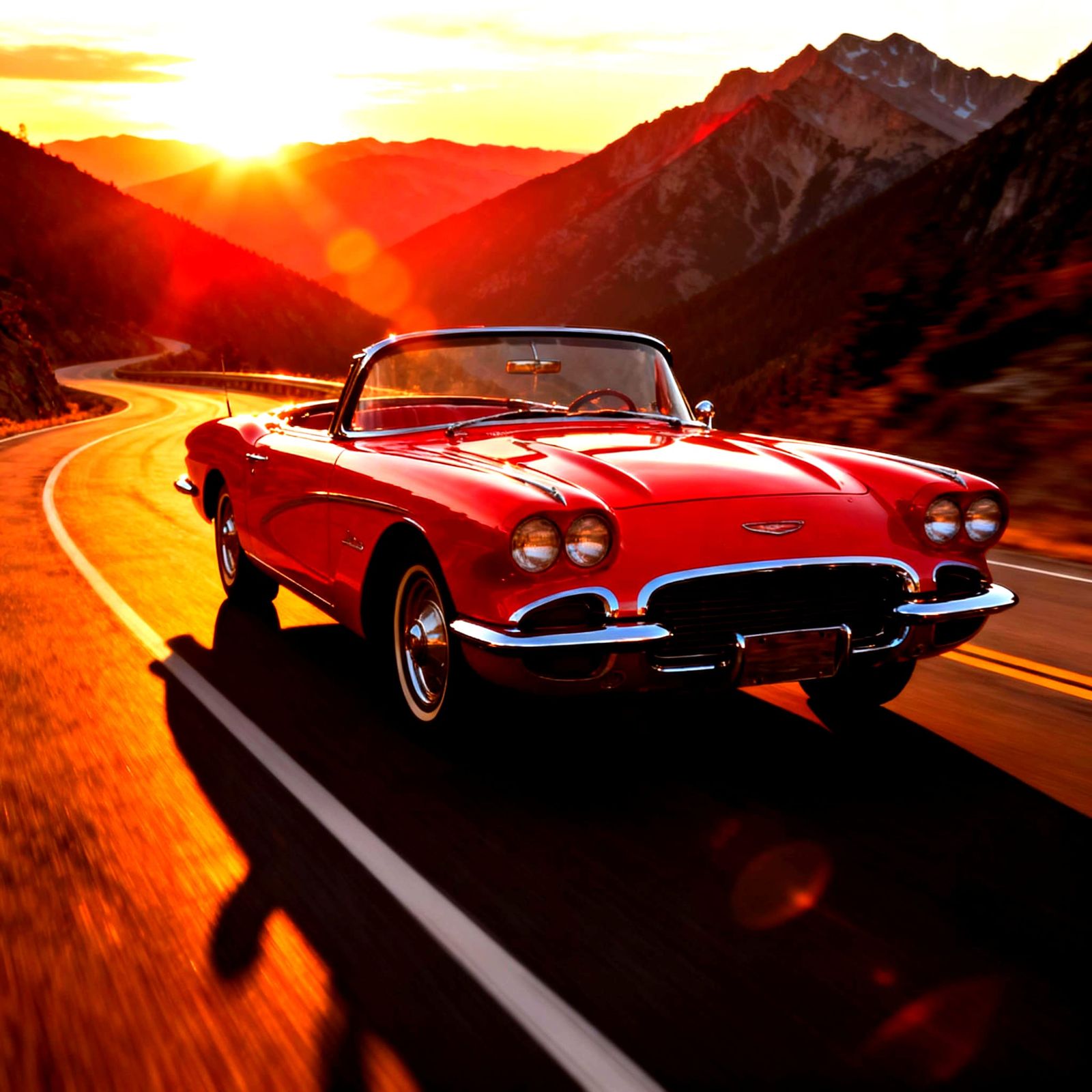 Vintage Red Convertible on Mountain Road at Sunset