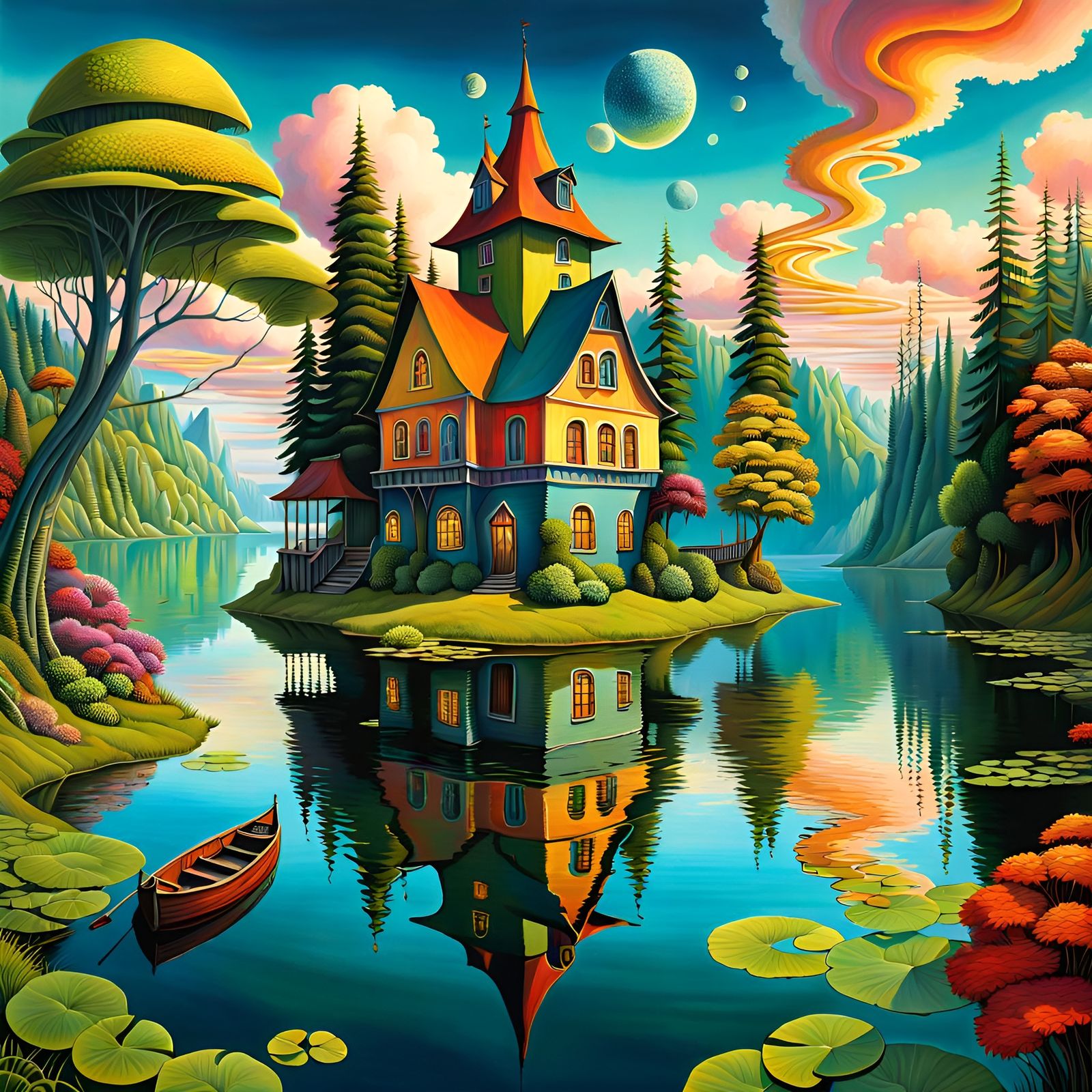 Surreal Lake House Painting in Fantasy Style
