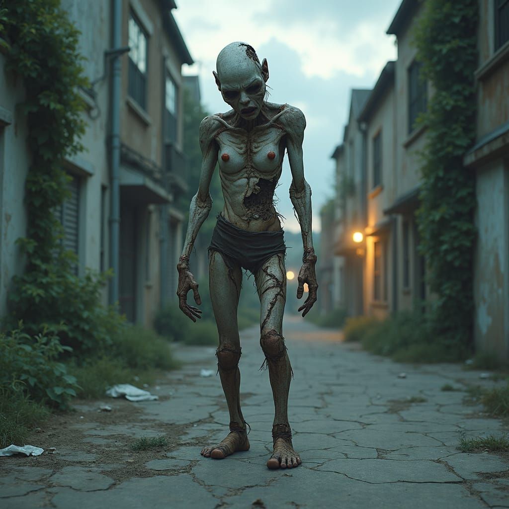 Hyper-Realistic Decayed Humanoid in Abandoned City