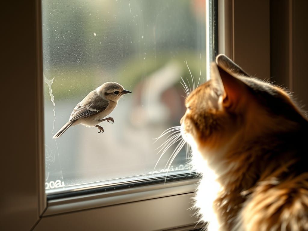 A Feline Watches a Titmouse Outside the Window