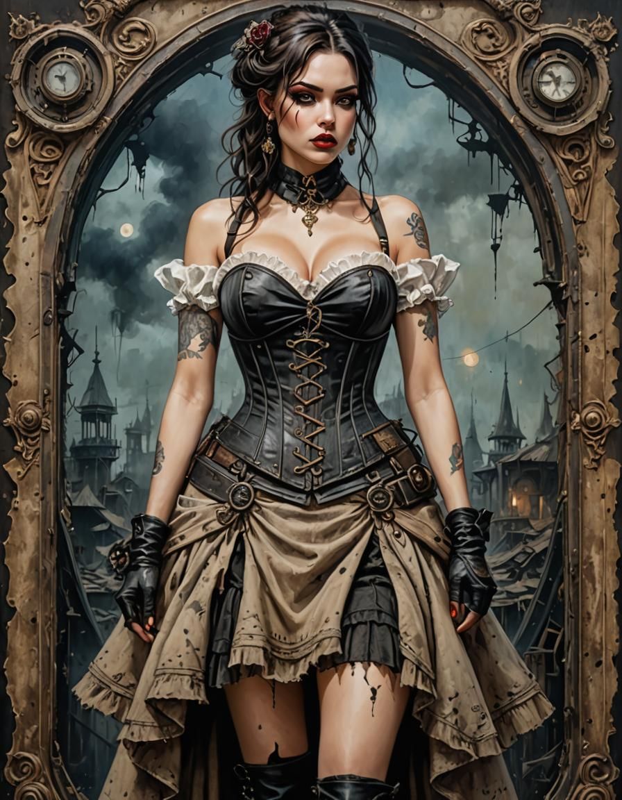 Hourglass Pinup Girl in Post-Apocalyptic Acrylic Painting