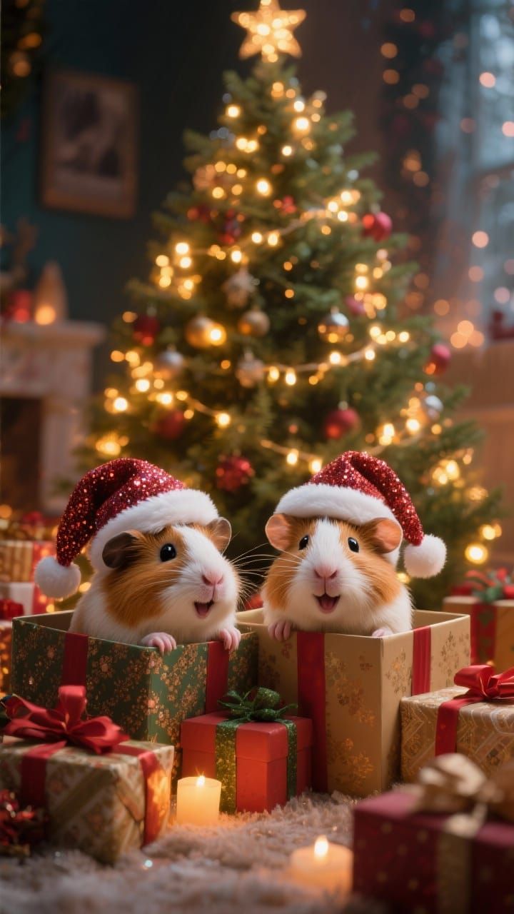 Adorable Guinea Pigs in Santa Hats Pop From Christmas Presen...