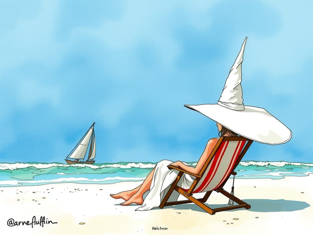 Witch on Beach in Whimsical Ink Art