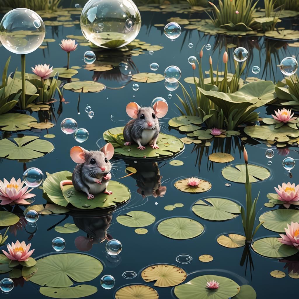 Cartoon Mice in Bubbles Over Lily Pond